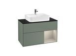 Villeroy und Boch Finion Waschtischunterschrank F122HHGM 100cm, Abdeckplatte black matt, Regal rechts Sand Matt, Olive Matt Lacquer
