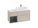 Villeroy und Boch Finion Waschtischunterschrank F141HGHH 120cm, Abdeckplatte glass white Matt, Regal links Midnight Blue Matt Lacquer, Sand Matt Lacquer