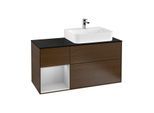 Villeroy und Boch Finion Waschtischunterschrank G142GJGN 120cm, Abdeckplatte black matt, Emotion, Regal links Light grey matt, Walnut veneer