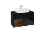 Villeroy und Boch Finion Waschtischunterschrank F112GNPH 100cm, Abdeckplatte white matt, Regal links Walnut veneer, Glossy Black Lacquer