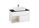 Villeroy und Boch Finion Waschtischunterschrank G112HHGF 100cm, Abdeckplatte black matt, Emotion, Regal links Sand Matt Lacquer, Glossy white lacquer