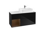 Villeroy und Boch Finion Waschtischunterschrank G141GNPH 120cm, Abdeckplatte white matt, Emotion, Regal links Walnut veneer, Glossy Black Lacquer