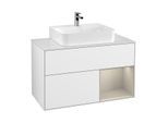 Villeroy und Boch Finion Waschtischunterschrank G121HHGF 100cm, Abdeckplatte white matt, Emotion, Regal rechts Sand Matt, Glossy white lacquer