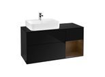 Villeroy und Boch Finion Waschtischunterschrank F152GNPH 120cm, Abdeckplatte black matt, Regal rechts Walnut veneer, Glossy Black Lacquer