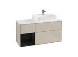 Villeroy und Boch Finion Waschtischunterschrank F141PHHH 120cm, Abdeckplatte glass white Matt, Regal links Glossy Black Lacquer, Sand Matt Lacquer
