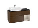 Villeroy und Boch Finion Waschtischunterschrank F152HHGN 120cm, Abdeckplatte black matt, Regal rechts Sand Matt, Walnut veneer