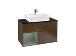 Villeroy und Boch Finion Waschtischunterschrank G112GMGN 100cm, Abdeckplatte black matt, Emotion, Regal links Olive Matt Lacquer, Walnut veneer