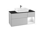 Villeroy und Boch Finion Waschtischunterschrank F172GFGJ 120cm, Abdeckplatte black matt, Regal rechts Glossy white lacquer, Light grey matt