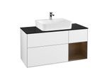 Villeroy und Boch Finion Waschtischunterschrank G172GNGF 120cm, Abdeckplatte black matt, Emotion, Regal rechts Walnut veneer, Glossy white lacquer
