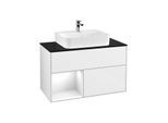 Villeroy und Boch Finion Waschtischunterschrank G112GFGF 100cm, Abdeckplatte black matt, Emotion, Regal links Glossy white lacquer, Glossy white lacquer