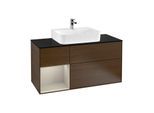 Villeroy und Boch Finion Waschtischunterschrank F162HHGN 120cm, Abdeckplatte black matt, Regal links Sand Matt Lacquer, Walnut veneer