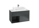 Villeroy und Boch Finion Waschtischunterschrank G111PHHG 100cm, Abdeckplatte white matt, Emotion, Regal links Glossy Black Lacquer, Midnight Blue Matt Lacquer