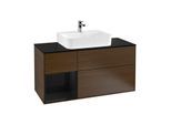 Villeroy und Boch Finion Waschtischunterschrank F162PHGN 120cm, Abdeckplatte black matt, Regal links Glossy Black Lacquer, Walnut veneer