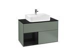 Villeroy und Boch Finion Waschtischunterschrank F112PHGM 100cm, Abdeckplatte white matt, Regal links Glossy Black Lacquer, Olive Matt Lacquer
