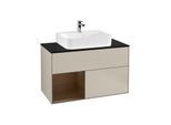 Villeroy und Boch Finion Waschtischunterschrank G112GNHH 100cm, Abdeckplatte black matt, Emotion, Regal links Walnut veneer, Sand Matt Lacquer