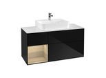 Villeroy und Boch Finion Waschtischunterschrank G161PCPH 120cm, Abdeckplatte white matt, Emotion, Regal links Oak Veneer, Glossy Black Lacquer