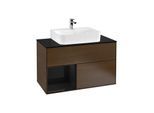 Villeroy und Boch Finion Waschtischunterschrank F112PHGN 100cm, Abdeckplatte white matt, Regal links Glossy Black Lacquer, Walnut veneer