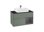 Villeroy und Boch Finion Waschtischunterschrank F122GKGM 100cm, Abdeckplatte black matt, Regal rechts Anthracite matt, Olive Matt Lacquer