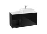 Villeroy und Boch Finion Waschtischunterschrank F141PDPH 120cm, Abdeckplatte glass white Matt, Regal links Black matt lacquer, Glossy Black Lacquer