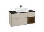 Villeroy und Boch Finion Waschtischunterschrank F172GNHH 120cm, Abdeckplatte black matt, Regal rechts Walnut veneer, Sand Matt Lacquer