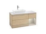 Villeroy und Boch Finion Waschtischunterschrank F811HHPC 120cm, Abdeckplatte white matt, Regale sand matt lacquer, Oak Veneer
