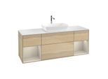 Villeroy und Boch Finion Waschtischunterschrank F861HHPC 160cm, Abdeckplatte white matt, Regale sand matt lacquer, Oak Veneer