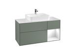 Villeroy und Boch Finion Waschtischunterschrank G171GFGM 120cm, Abdeckplatte white matt, Emotion, Regal rechts Glossy white lacquer, Olive Matt Lacquer