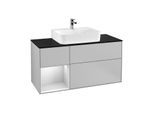 Villeroy und Boch Finion Waschtischunterschrank F162MTGJ 120cm, Abdeckplatte black matt, Regal links White matt lacquer, Light grey matt