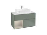 Villeroy und Boch Finion Waschtischunterschrank G111HHGM 100cm, Abdeckplatte white matt, Emotion, Regal links Sand Matt Lacquer, Olive Matt Lacquer