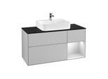 Villeroy und Boch Finion Waschtischunterschrank F172MTGJ 120cm, Abdeckplatte black matt, Regal rechts White matt lacquer, Light grey matt