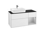 Villeroy und Boch Finion Waschtischunterschrank G152GJGF 120cm, Abdeckplatte black matt, Emotion, Regal links Light grey matt, Glossy white lacquer