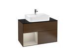 Villeroy und Boch Finion Waschtischunterschrank G112HHGN 100cm, Abdeckplatte black matt, Emotion, Regal links Sand Matt Lacquer, Walnut veneer