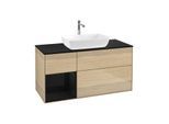 Villeroy und Boch Finion Waschtischunterschrank F822PHPC 120cm, Abdeckplatte black matt, Regale Glossy black lacquer, Oak Veneer