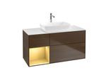 Villeroy und Boch Finion Waschtischunterschrank F821HFGN 120cm, Abdeckplatte white matt, Regale Gold matt lacquer, Walnut veneer