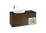 Villeroy und Boch Finion Waschtischunterschrank F932HHGN 120cm, Abdeckplatte black matt, Regale sand matt lacquer, Walnut veneer