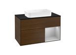 Villeroy und Boch Finion Waschtischunterschrank F252GJGN 100x60,3cm, Abdeckplatte black matt, Regal rechts Light grey matt, Walnut veneer