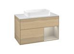 Villeroy und Boch Finion Waschtischunterschrank F251HHPC 100x60,3cm, Abdeckplatte white matt, Regal rechts Sand Matt, Oak Veneer