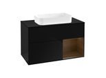 Villeroy und Boch Finion Waschtischunterschrank F252GNPH 100x60,3cm, Abdeckplatte black matt, Regal rechts Walnut veneer, Glossy Black Lacquer