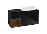 Villeroy und Boch Finion Waschtischunterschrank F272GNPH 120cm, Abdeckplatte black matt, Regal links Walnut veneer, Glossy Black Lacquer
