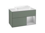 Villeroy und Boch Finion Waschtischunterschrank F251GJGM 100x60,3cm, Abdeckplatte white matt, Regal rechts Light grey matt, Olive Matt Lacquer