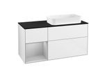 Villeroy und Boch Finion Waschtischunterschrank F272GJGF 120cm, Abdeckplatte black matt, Regal links Light grey matt, Glossy white lacquer