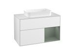 Villeroy und Boch Finion Waschtischunterschrank F251GMGF 100x60,3cm, Abdeckplatte white matt, Regal rechts Olive Matt Lacquer, Glossy white lacquer