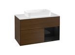 Villeroy und Boch Finion Waschtischunterschrank G251PHGN 100cm, Abdeckplatte white matt, Emotion, Regal rechts Glossy Black Lacquer, Walnut veneer