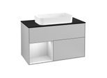 Villeroy und Boch Finion Waschtischunterschrank G242MTGJ 100cm, Abdeckplatte black matt, Emotion, Regal links White matt lacquer, Light grey matt