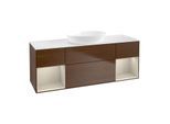 Villeroy und Boch Finion Waschtischunterschrank FD01HHGN 120cm, Abdeckplatte white matt, Regale sand matt lacquer, Walnut veneer