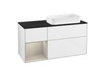 Villeroy und Boch Finion Waschtischunterschrank G272HHGF 120cm, Abdeckplatte black matt, Emotion, Regal links Sand Matt Lacquer, Glossy white lacquer