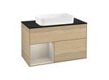 Villeroy und Boch Finion Waschtischunterschrank G242HHPC 100cm, Abdeckplatte black matt, Emotion, Regal links Sand Matt Lacquer, Oak Veneer