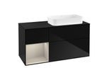 Villeroy und Boch Finion Waschtischunterschrank F272HHPH 120cm, Abdeckplatte black matt, Regal links Sand Matt Lacquer, Glossy Black Lacquer