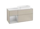 Villeroy und Boch Finion Waschtischunterschrank F271GJHH 120cm, Abdeckplatte white matt, Regal links Light grey matt, Sand Matt Lacquer