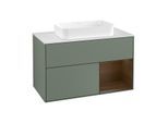 Villeroy und Boch Finion Waschtischunterschrank F251GNGM 100x60,3cm, Abdeckplatte white matt, Regal rechts Walnut veneer, Olive Matt Lacquer